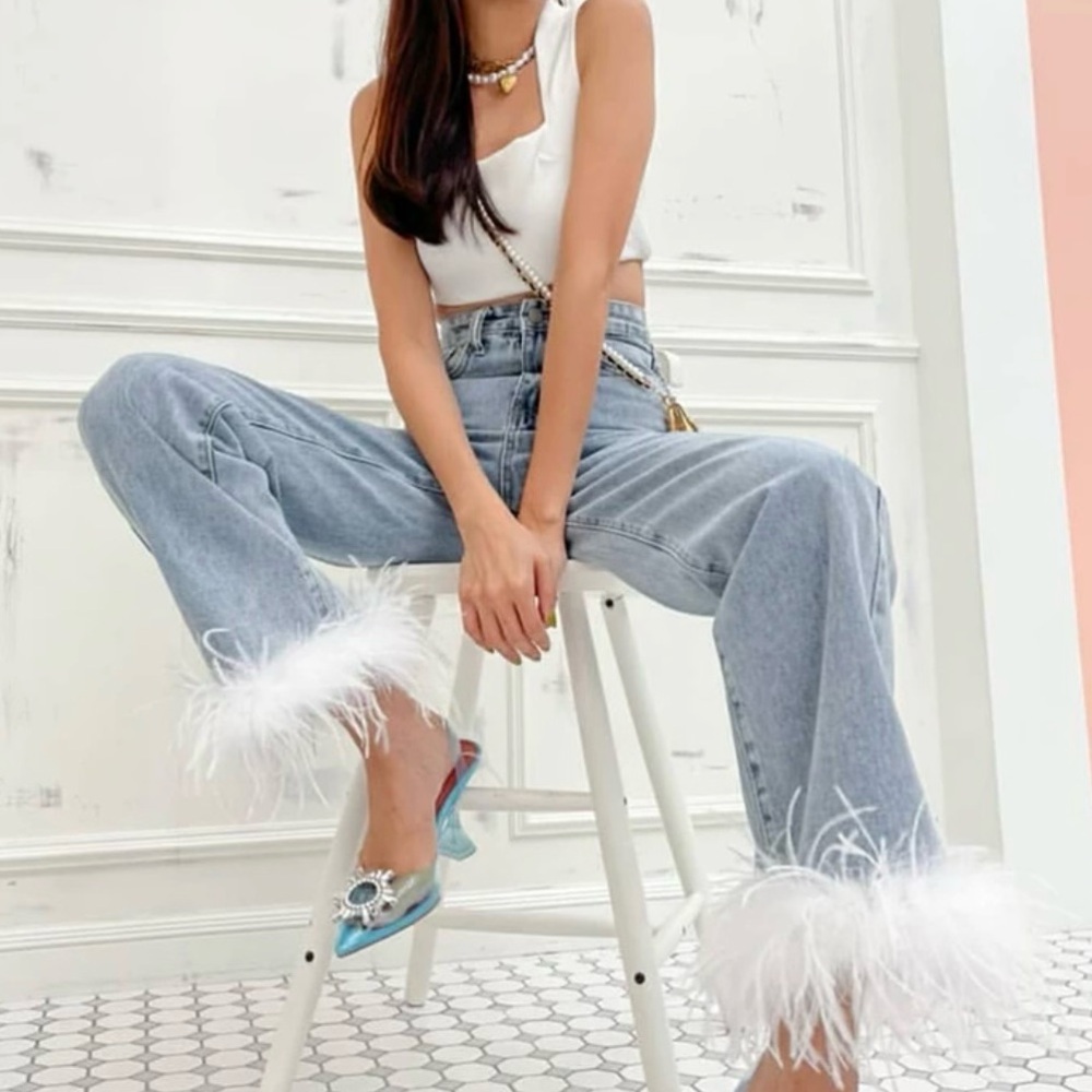 GRLFRND High Rise Jeans in Light Blue with White Feather Trim
